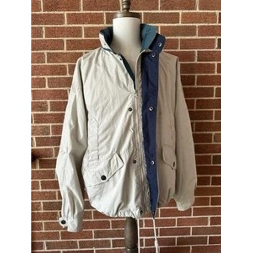 Towne London Fog Mens Large Long Tan Navy Blue Zip Front Windbreaker Jacket